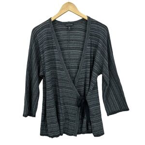 EILEEN FISHER Kimono Wrap Cardigan Sweater Stripe Tencel Merino Black Gray
